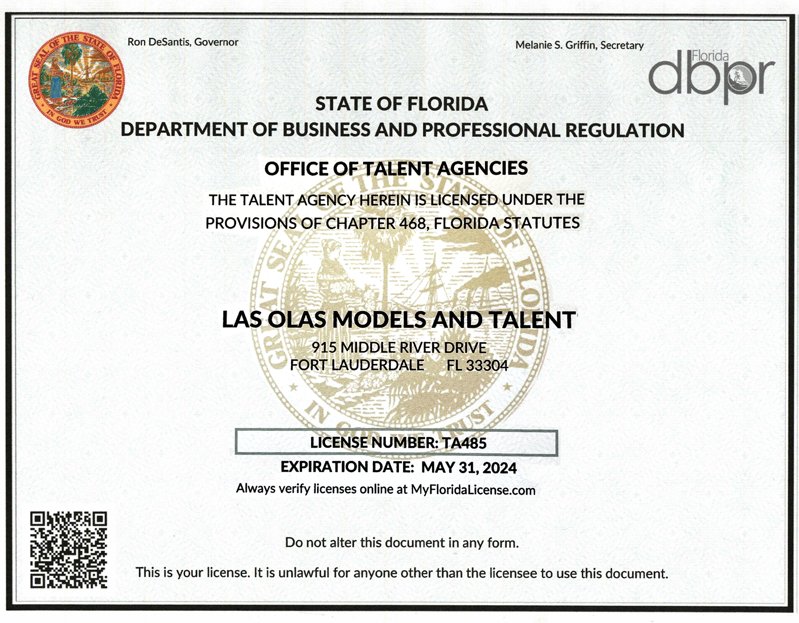Florida Talent License DBPR #485